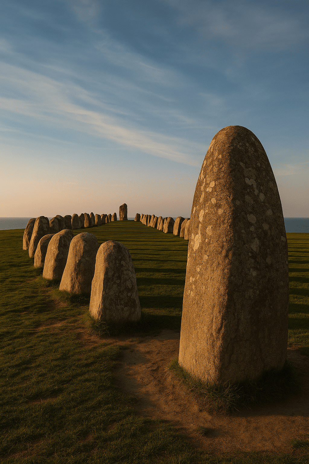 A 67-metre-long stone ship formation overlooking the Baltic Sea, constructed around 500–1000 CE. Though later than many other megalithic sites, its alignments and form draw from older Scandinavian ritual traditions.