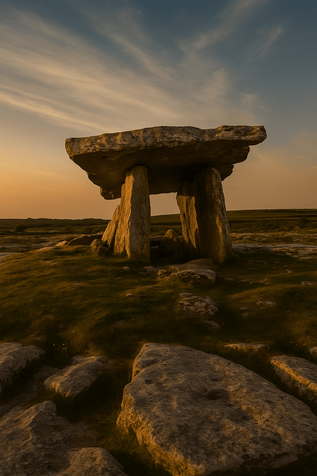 A striking Neolithic portal tomb dating to c. 3800–3200 BCE, Poulnabrone stands upon the limestone pavement of the Burren. Excavations reveal the remains of adults and children, ritual objects, and grave offerings, marking it as an important ceremonial burial site for early farming communities.