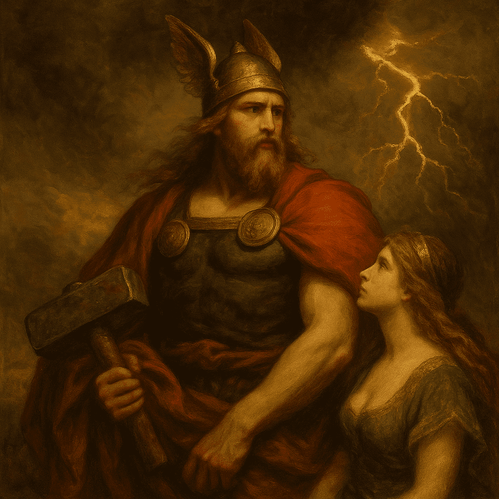 Thor and Valkyrie Against Stormy Skies